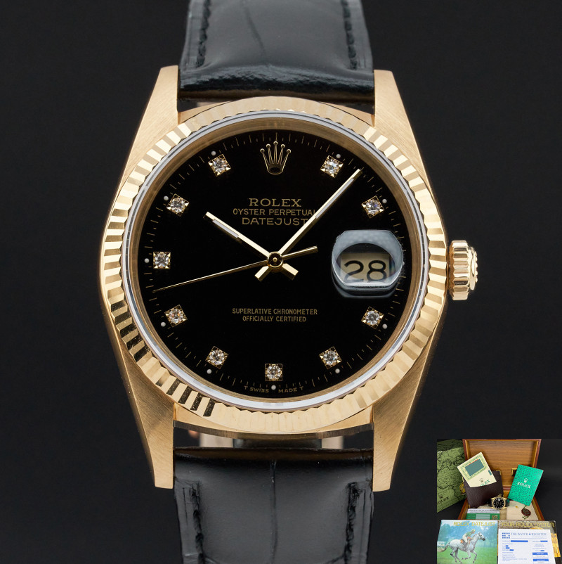 Rolex Datejust, 16238, 36mm, 1989, Yellow gold, Black Small Diamond dial, Fullset, 1y warranty