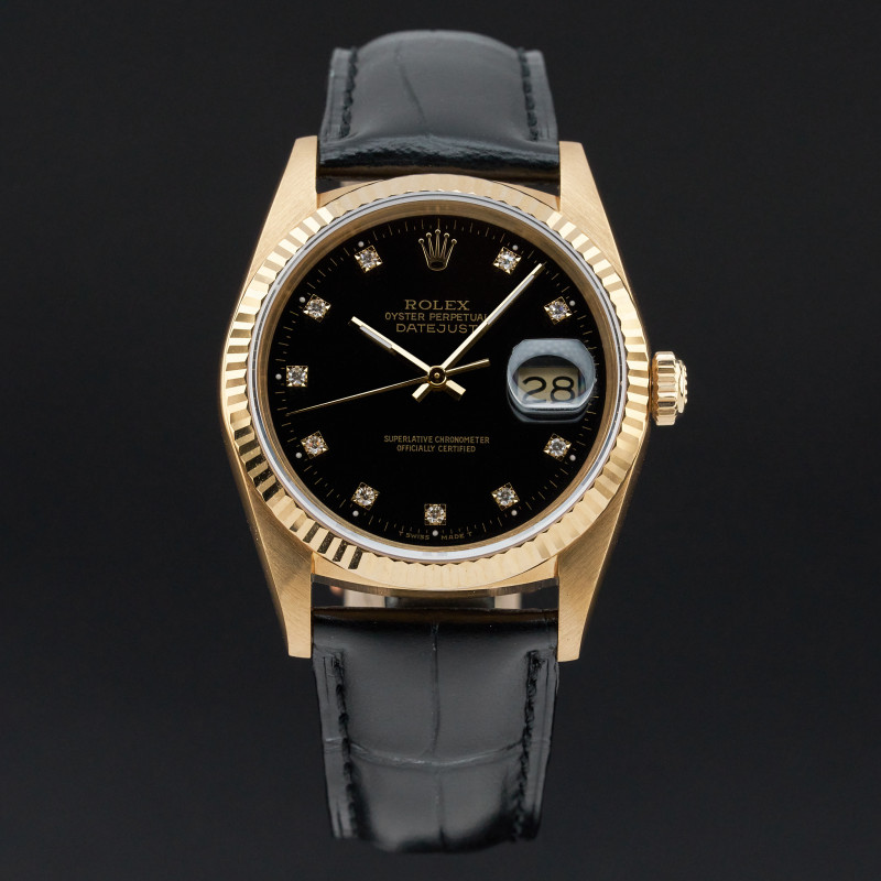 Rolex Datejust, 16238, 36mm, 1989, Yellow gold, Black Small Diamond dial, Fullset, 1y warranty