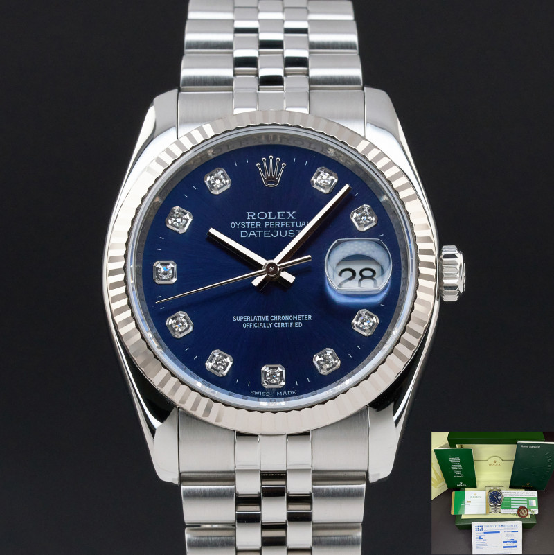 Rolex Datejust, 116234, 36mm, 2010, Steel, Blue Diamond dial, Fullset, 1y warranty