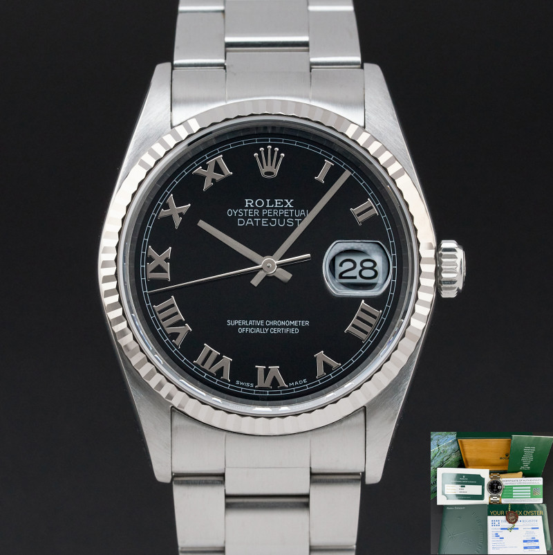 Rolex Datejust, 16234, 36mm, 2005, Steel, Black Roman dial, Box, 1y warranty
