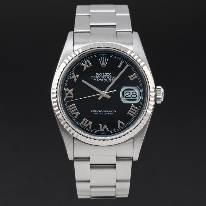 Rolex Datejust, 16234, 36mm, 2005, Steel, Black Roman dial, Box, 1y warranty