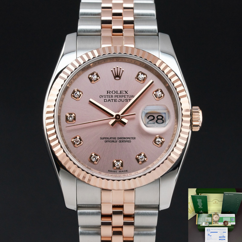 Rolex Datejust, 116231, 36mm, 2008, Two-Tone, Pink Diamond dial, Fullset, 1y warranty