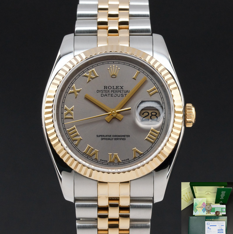 Rolex Datejust, 116233, 36mm, 2003, Two-Tone, Grey Roman dial, Fullset, 1y warranty