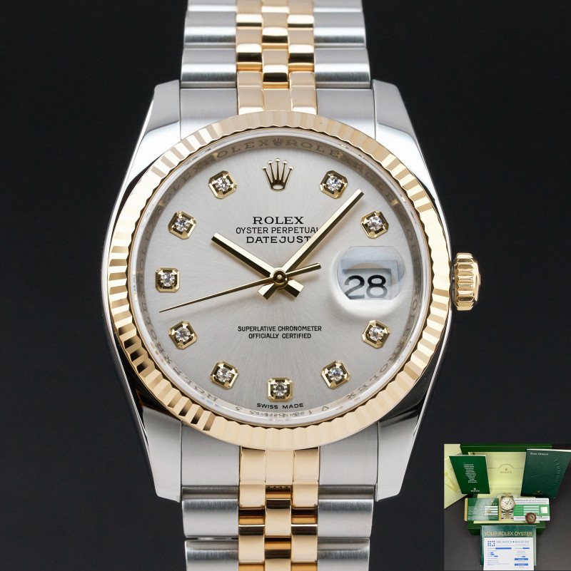 Rolex Datejust, 116233, 36mm, 2009, Two-Tone, Silver Diamond dial, Fullset, 1y warranty