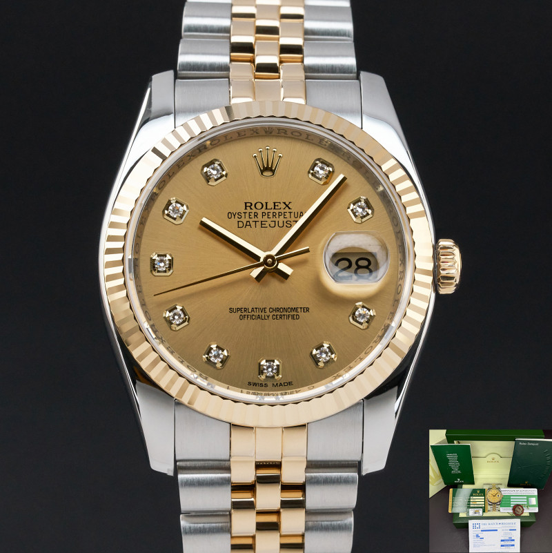Rolex Datejust, 116233, 36mm, 2010, Two-Tone, Champagne Diamond dial, Fullset, 1y warranty