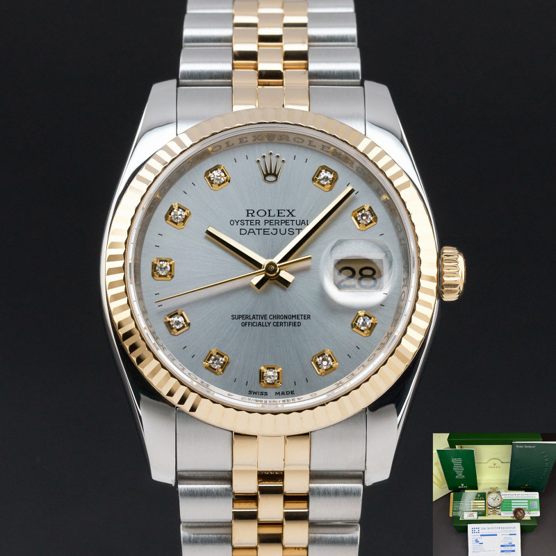 Rolex Datejust, 116233, 36mm, 2010, Two-Tone, Silver Diamond dial, Fullset, 1y warranty