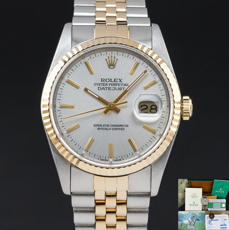 Rolex Datejust, 16233, 36mm, 1988, Two-Tone, Silver dial, Fullset, 1y warranty