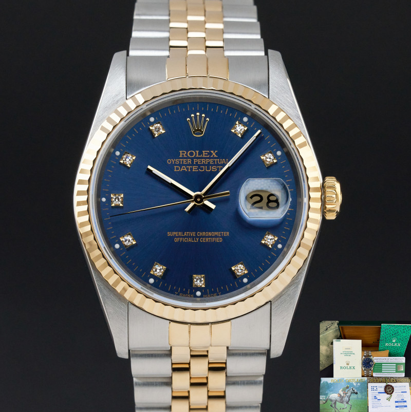 Rolex Datejust, 16233, 36mm, 1989, Two-Tone, Blue Small Diamond dial, Fullset, 1y warranty