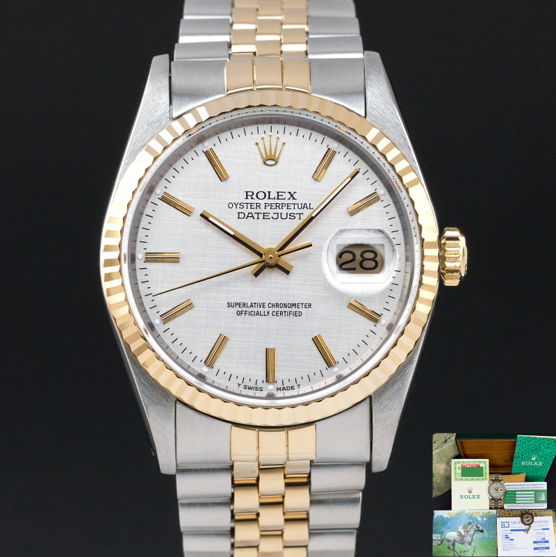Rolex Datejust, 16233, 36mm, 1991, Two-Tone, Silver Linen dial, Fullset, 1y warranty
