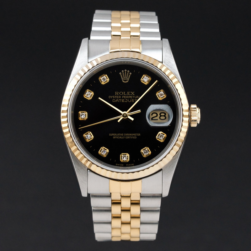 Rolex Datejust, 16233, 36mm, 1994, Two-Tone, Black Big Diamond dial, Fullset, 1y warranty