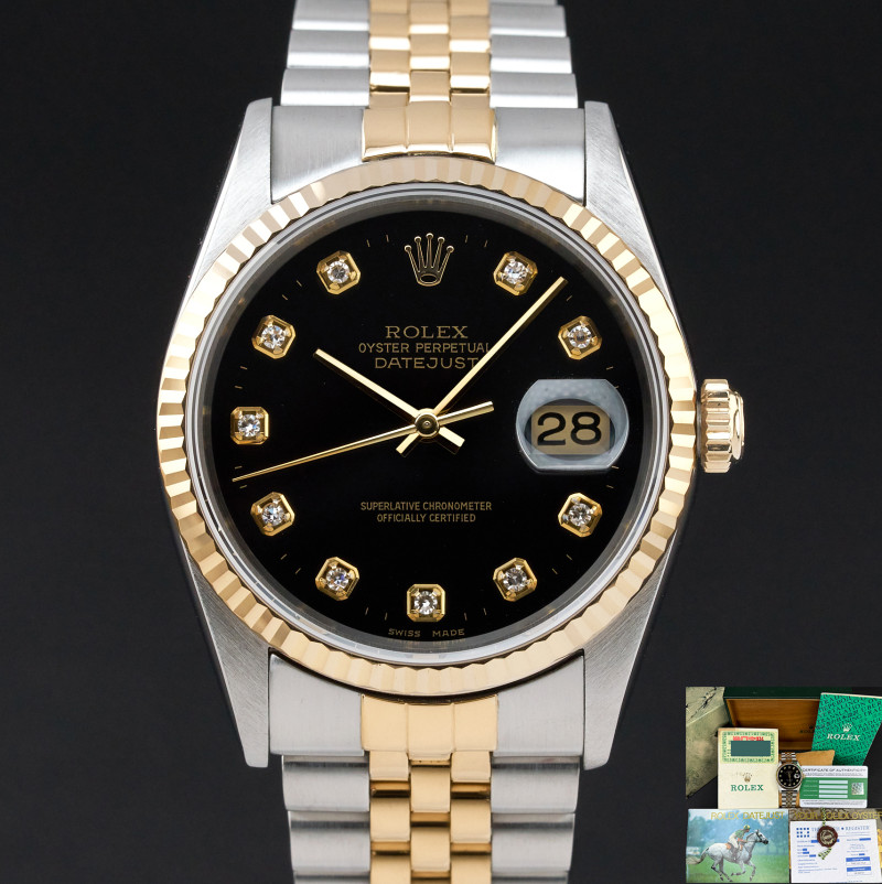 Rolex Datejust, 16233, 36mm, 1994, Two-Tone, Black Big Diamond dial, Fullset, 1y warranty