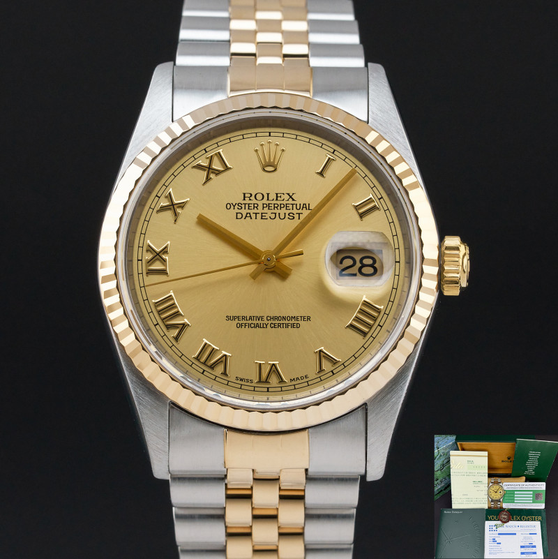 Rolex Datejust, 16233, 36mm, 2000, Two-Tone, Champagne Roman dial, Fullset, 1y warranty
