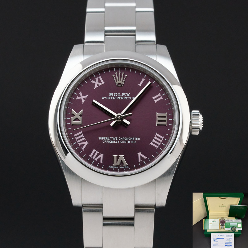 Rolex Oyster Perpetual, 177200, 31mm, 2016, Steel, Red Grape Roman dial, Fullset, 1y warranty
