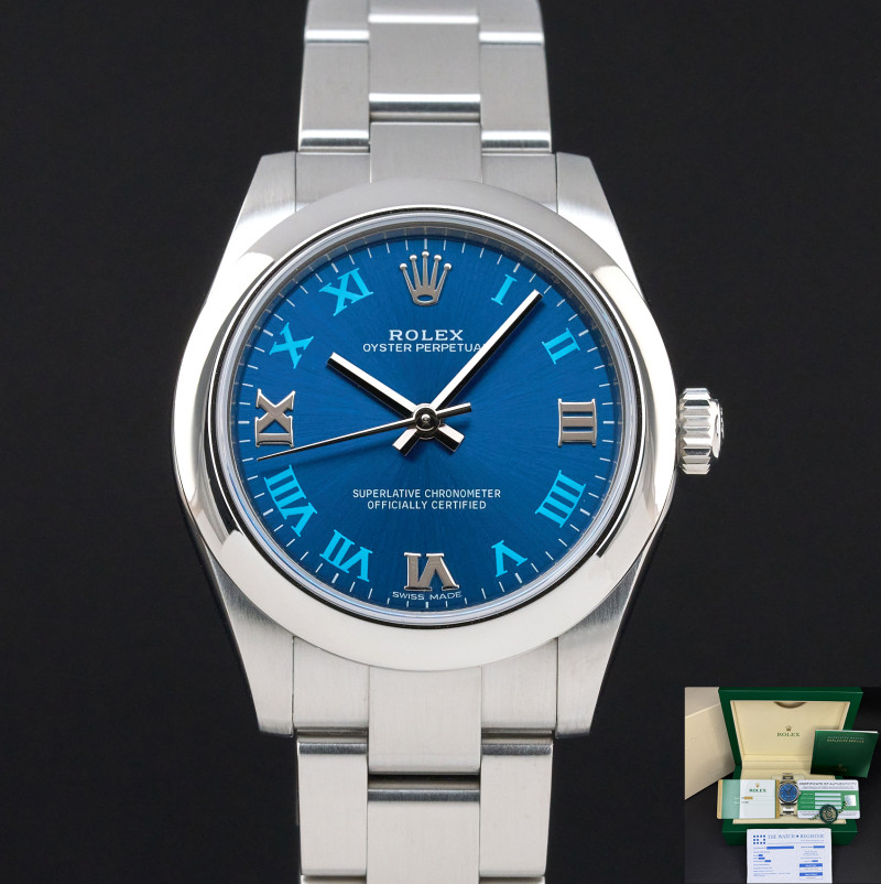 Rolex Oyster Perpetual, 177200, 31mm, 2018, Steel, Blue Roman dial, Fullset, 1y warranty