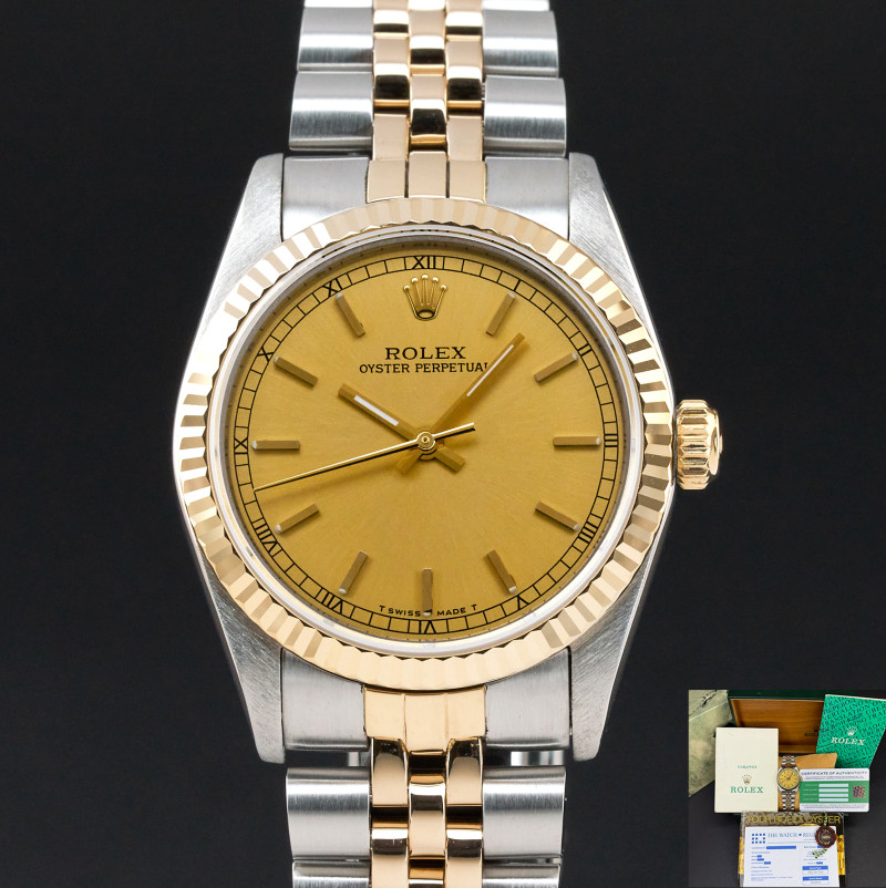 Rolex Oyster Perpetual, 67513, 31mm, 1988, Two-Tone, Champagne dial, Fullset, 1y warranty
