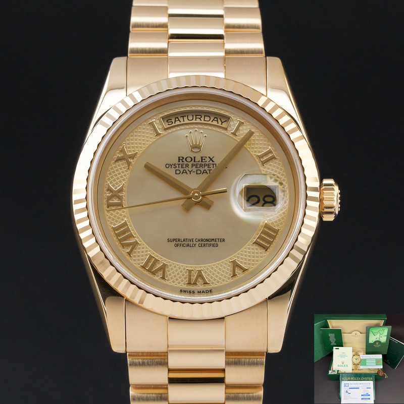Rolex Day Date President, 118238, 36mm, 2001, Yellow gold, Champagne MOP Myriad Roman dial, Fullset, 1y warranty