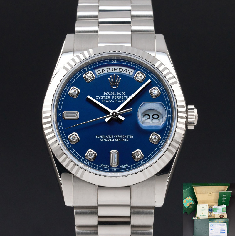 Rolex Day Date President, 118239, 36mm, 2000, White gold, Blue Diamond dial, Fullset, 1y warranty