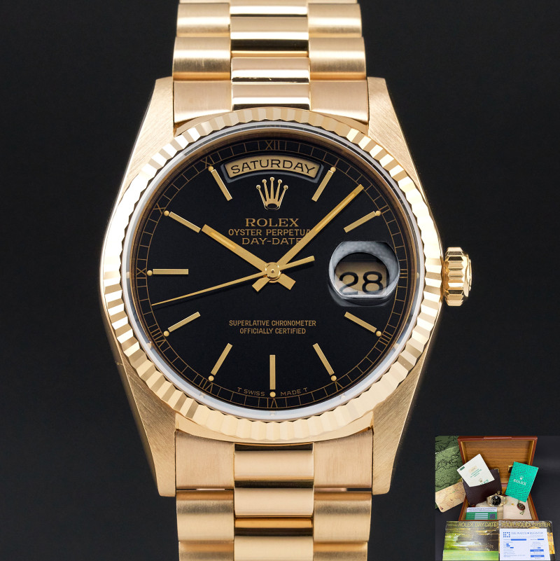 Rolex Day Date President, 18238, 36mm, 1990, Yellow gold, Black dial, Fullset, 1y warranty
