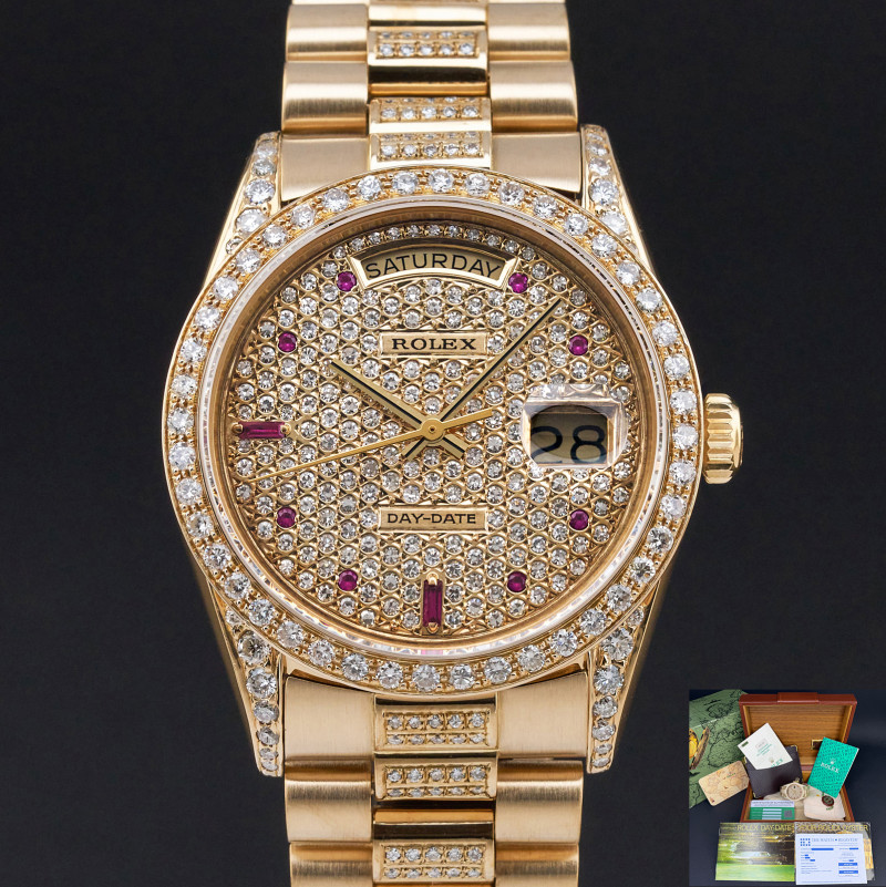 Rolex Day Date President, 18238, 36mm, 1991, Yellow gold, Pave Ruby Diamond dial, Fullset, 1y warranty