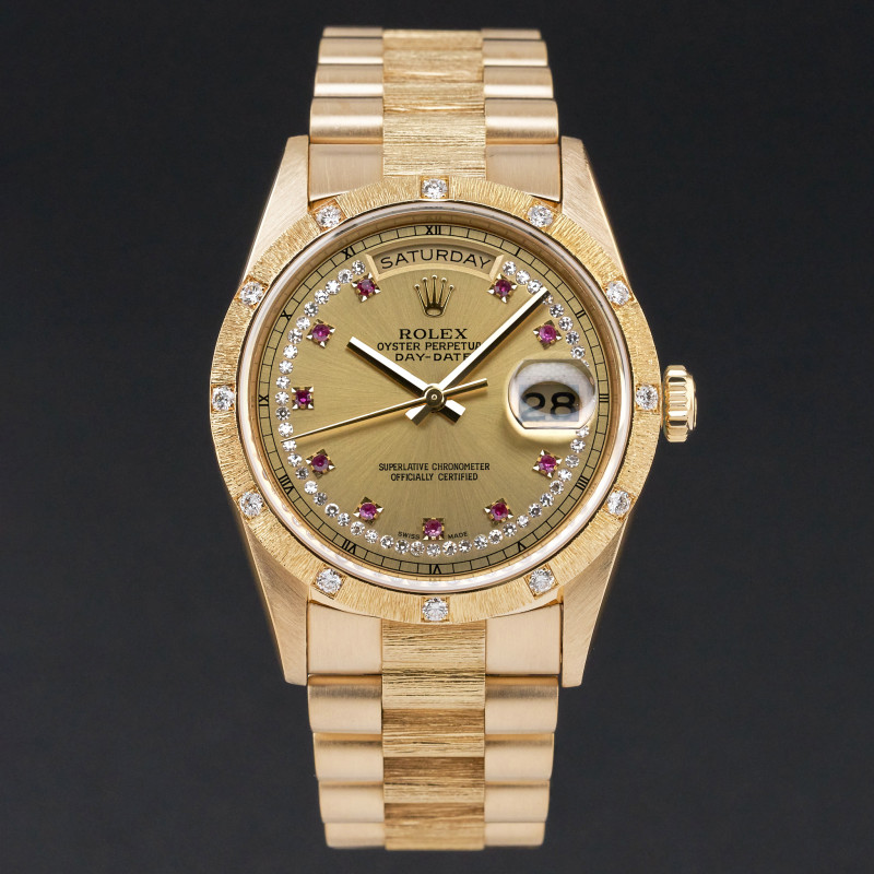 Rolex Day Date President, 18308, 36mm, 1991, Yellow gold, Champagne Ruby Diamond dial, Fullset, 1y warranty
