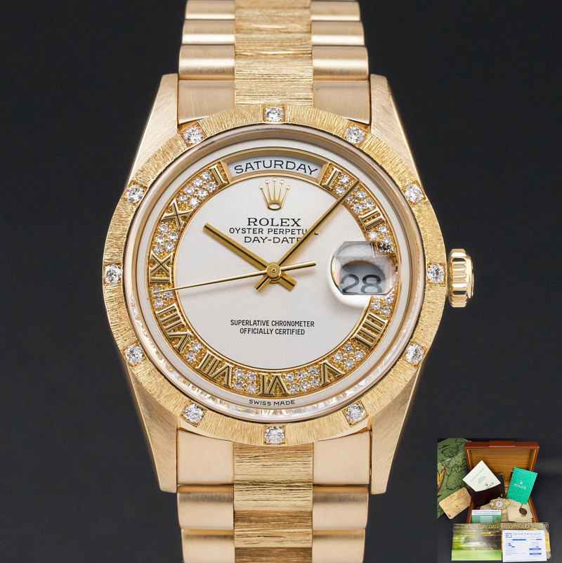 Rolex Day Date President, 18308, 36mm, 1991, Yellow gold, Silver Myriad Roman Diamond dial, Fullset, 1y warranty