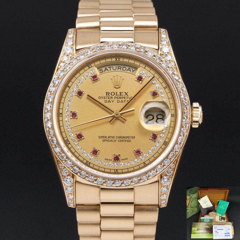 Rolex Day Date President, 18338, 36mm, 1991, Yellow gold, Champagne Ruby Diamond dial, Fullset, 1y warranty