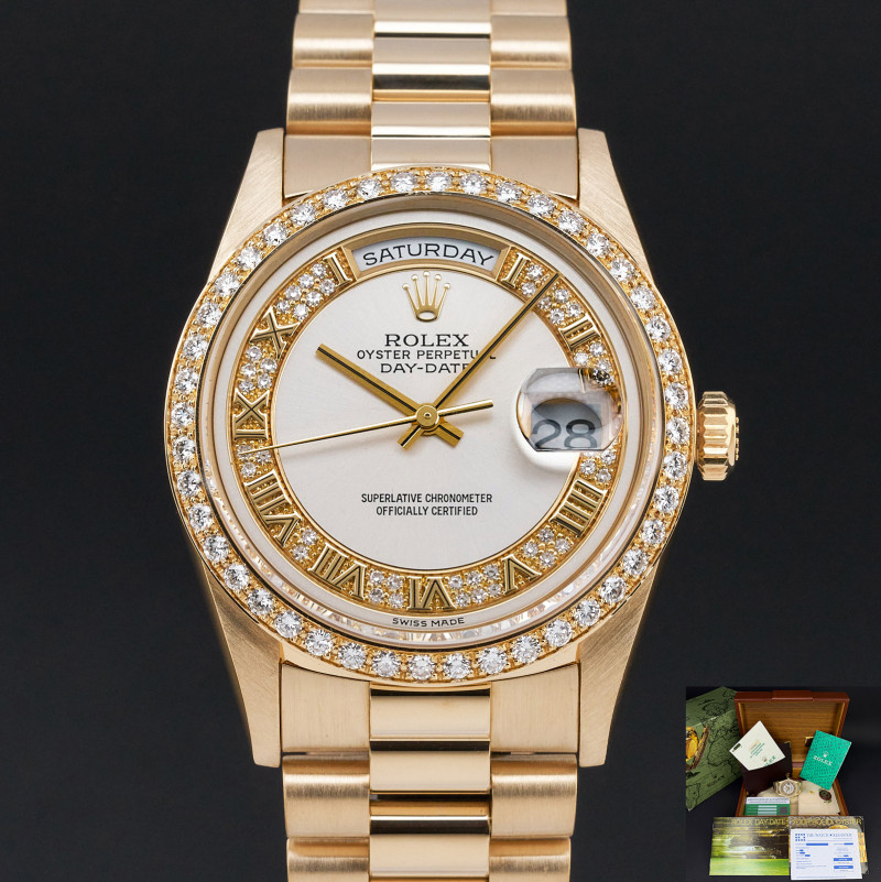 Rolex Day Date President, 18348, 36mm, 1995, Yellow gold, Silver Myriad Roman Diamond dial, Fullset, 1y warranty