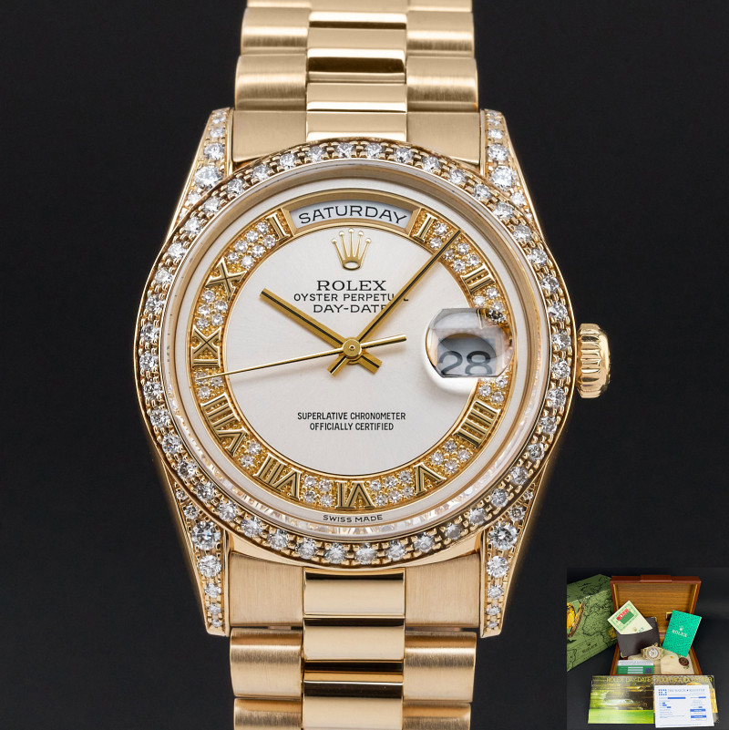 Rolex Day Date President, 18388, 36mm, 1991, Yellow gold, Silver Myriad Roman Diamond dial, Fullset, 1y warranty