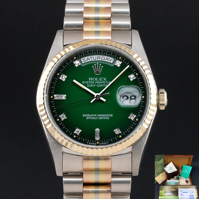 Rolex Day Date President, Rare TRIDOR, 18239, 36mm, 1994, Green Vignette Small Diamond dial, Fullset, 1y warranty