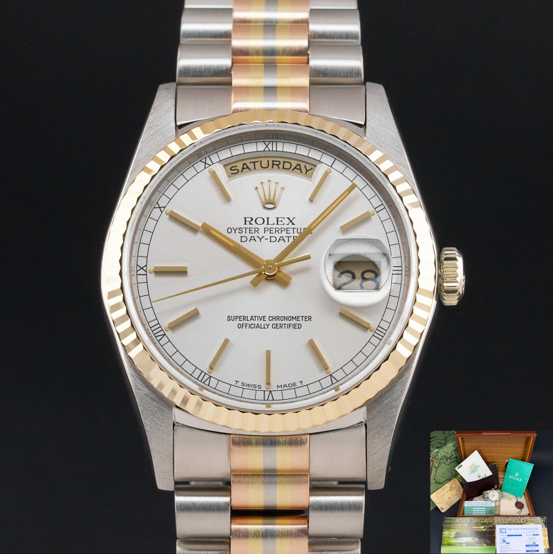 Rolex Day Date President, Rare TRIDOR, 18239, 36mm, 1994, Silver dial, Fullset, 1y warranty