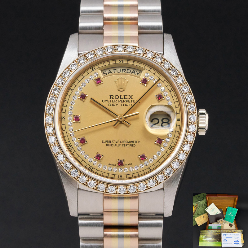 Rolex Day Date President, Rare TRIDOR, 18349, 36mm, 1989, Champagne Ruby Diamond dial, Fullset, 1y warranty