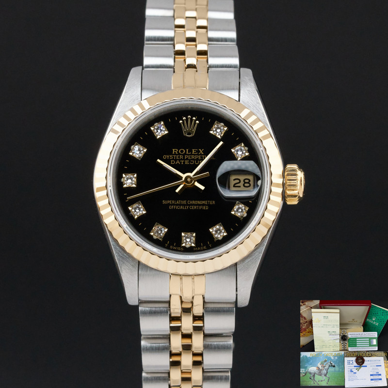 Rolex Lady Datejust, 69173, 26mm, 1988, Two-Tone, Black Small Diamond dial, Fullset, 1y warranty