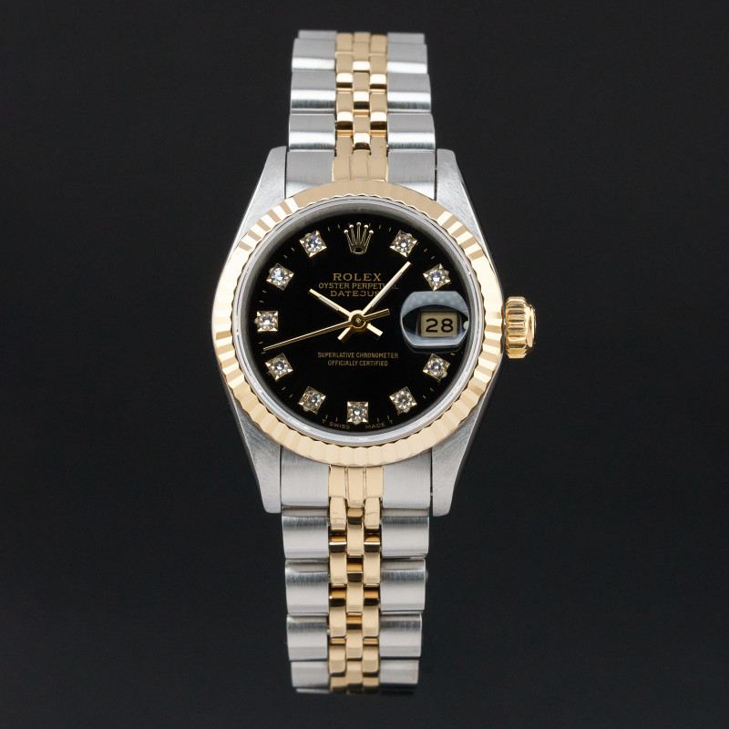 Rolex Lady Datejust, 69173, 26mm, 1988, Two-Tone, Black Small Diamond dial, Fullset, 1y warranty