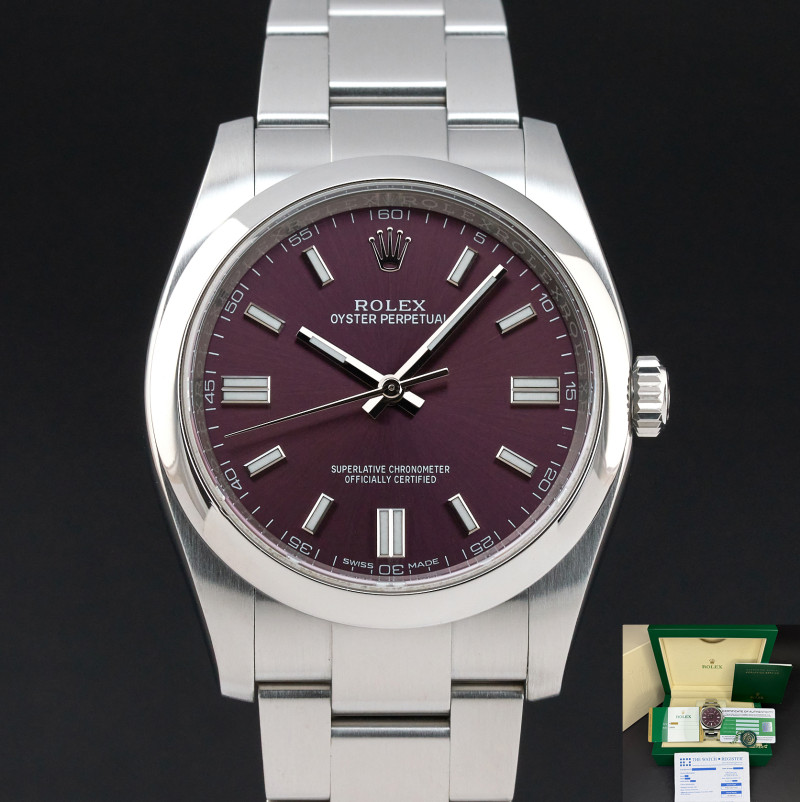 Rolex Oyster Perpetual, 116000, 36mm, 2017, Steel, Red Grape dial, Fullset, 1y warranty