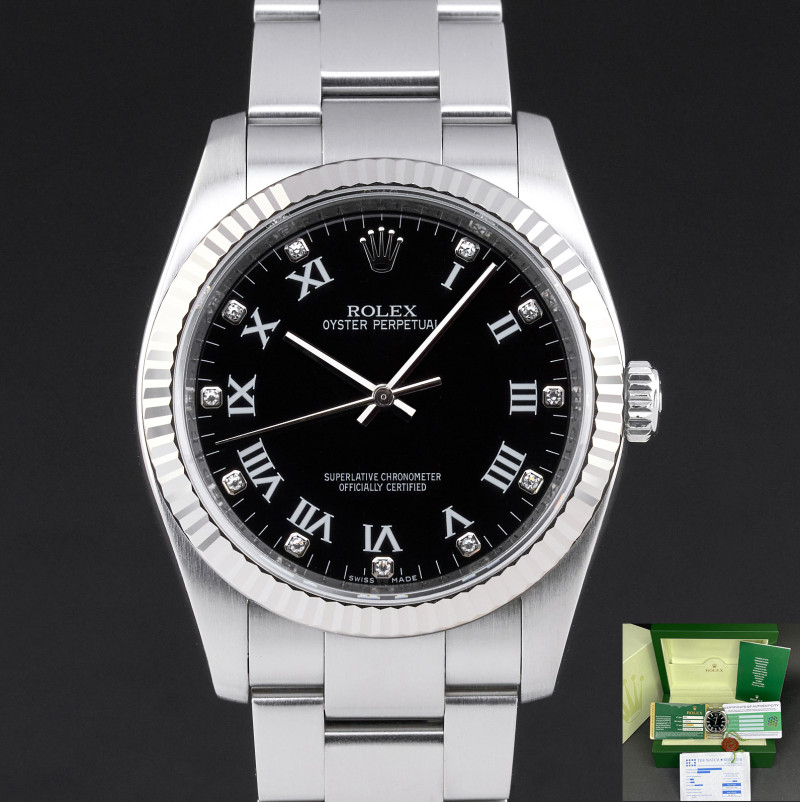 Rolex Oyster Perpetual, 116034, 36mm, 2008, Steel, Black Roman Diamond dial, Fullset, 1y warranty